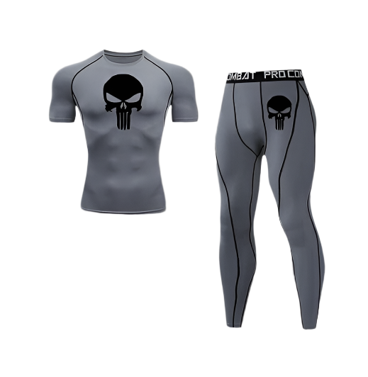 Punisher Short Compression Set with skull logo, polyester/spandex, sweat-wicking fabric