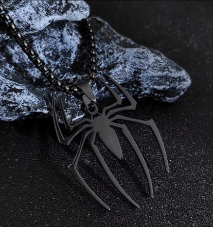 Spider Necklace in black stainless steel with intricate spider design on a dark textured surface.