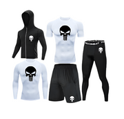 Punisher Complete Compression set with sweatshirt, t-shirts, shorts, and leggings featuring sweat-wicking technology.