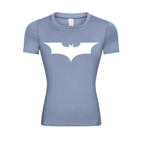 Dark Knight Woman's compression shirt with white bat symbol, sportswear for muscle support and UV protection.