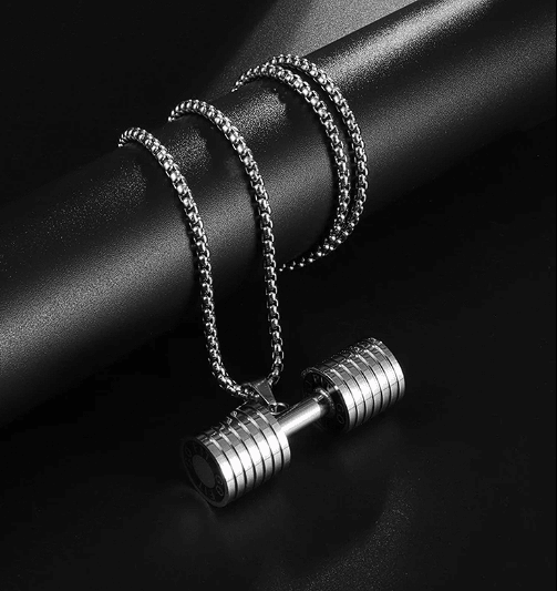 Stainless steel dumbbell necklace on 60 cm chain.