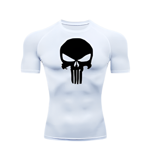 Punisher Compression Shirt with skull design on white backdrop.