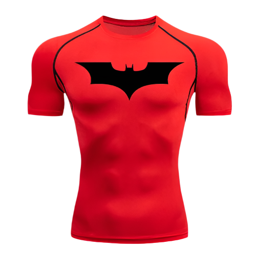 Batman short sleeve compression shirt in red with sweat-wicking fabric.