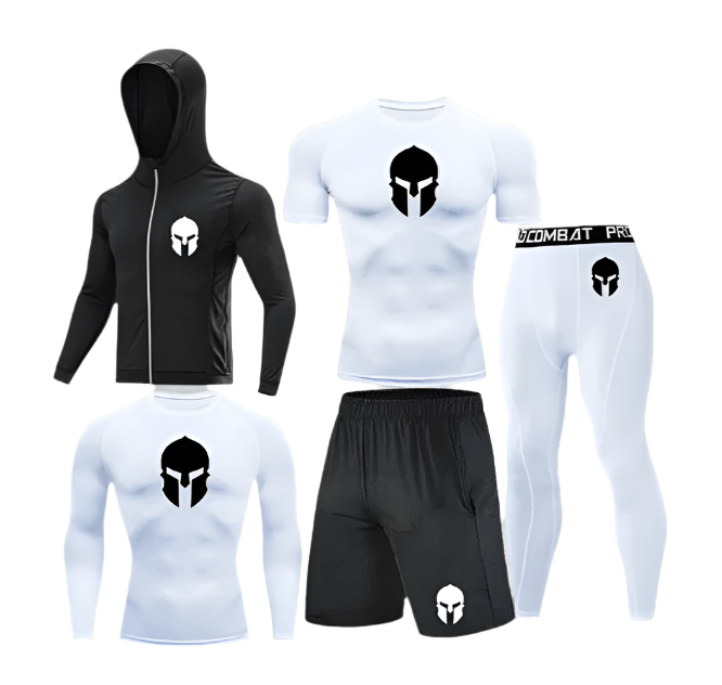 Sparta Complete Compression set with hoodie, shirts, shorts, and leggings featuring premium polyester/spandex fabric.