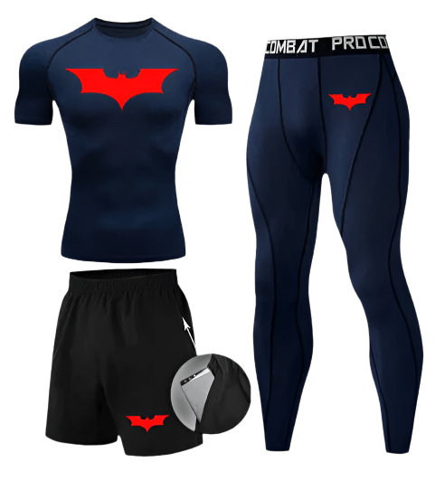 Batman compression set with short sleeve top, leggings, and shorts featuring sweat-wicking fabric.