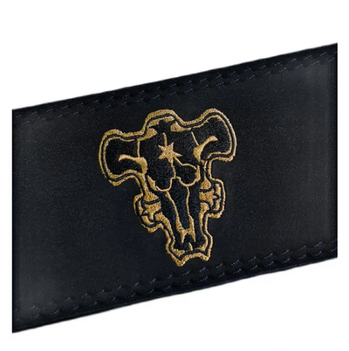 Black Clover Black Bulls embroidered powerlifting belt with Black Bulls emblem.