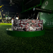 Evil Dragon powerlifting belt with dragon design on a green mat in a gym.