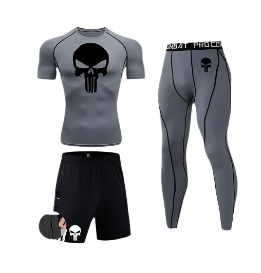 Punisher Short Compression set with polyester/spandex fabric featuring skull design.