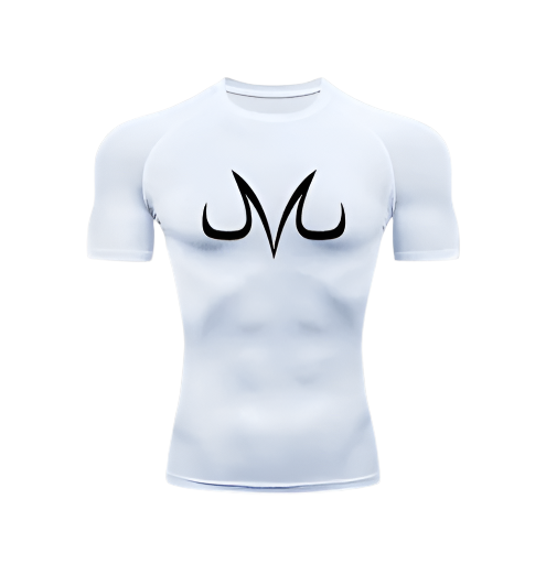 Majin Vegeta Compression Shirt with sweat-wicking technology in polyester/spandex fabric.