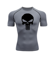 Punisher Short Compression shirt with skull design, in gray, made of polyester/spandex, sweat-wicking fabric.