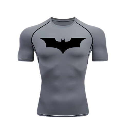 Bat Short Sleeve Compression Shirt with Batman Logo in Gray, Premium Polyester/Spandex, Sweat-Wicking Tech