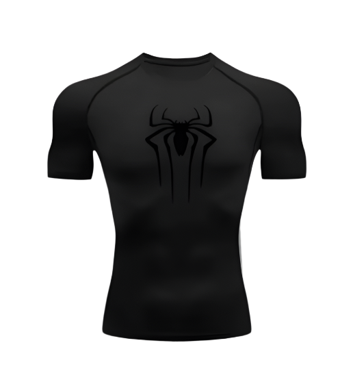 Black Spiderman compression shirt with spider logo, made from polyester/spandex, sweat-wicking fabric.