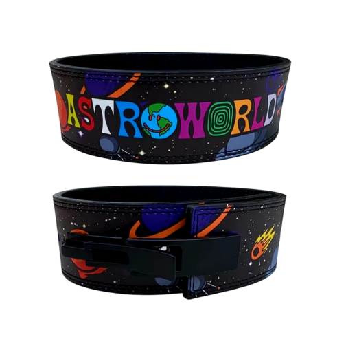 AstroWorld powerlifting belt, premium leather, colorful design, sturdy steel buckle.