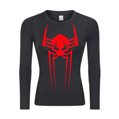 2099 Web-Slinging Woman's Long Sleeve Compression Shirt with red spider design, ideal for sportswear and muscle protection.