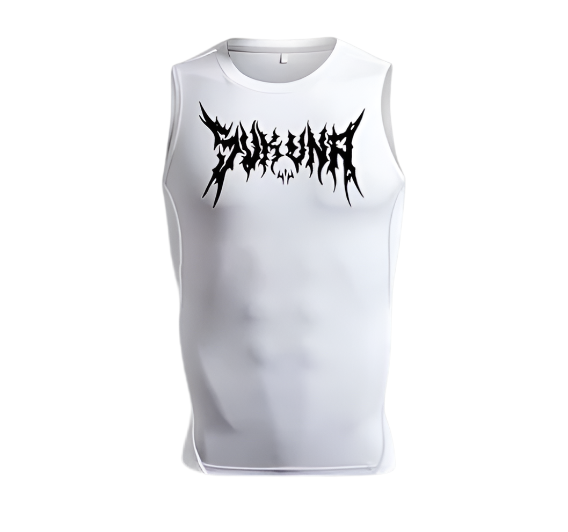 Sukuna Compression Tank Top with black graphic design on white fabric, inspired by Jujutsu Kaisen.