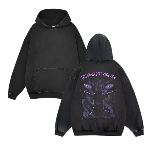 Black Naruto hoodie with purple design and text "This World Shall Know Pain" on the back.