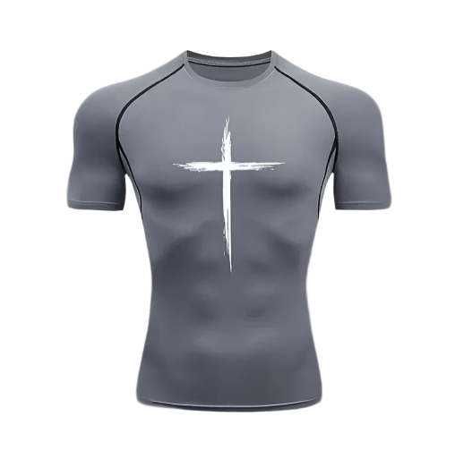 Christian compression shirt with cross design, polyester/spandex fabric, sweat-wicking technology.