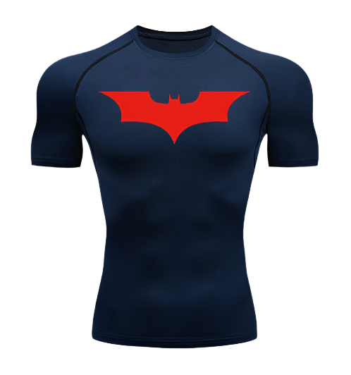 Batman short sleeve compression shirt with red logo design, premium polyester/spandex blend, sweat-wicking technology.