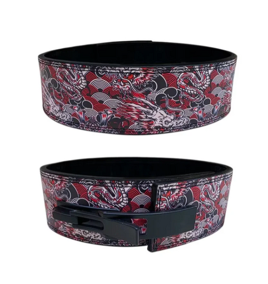 Powerlifting belt with a bold dragon design, double stitching, and steel buckle for maximum support.