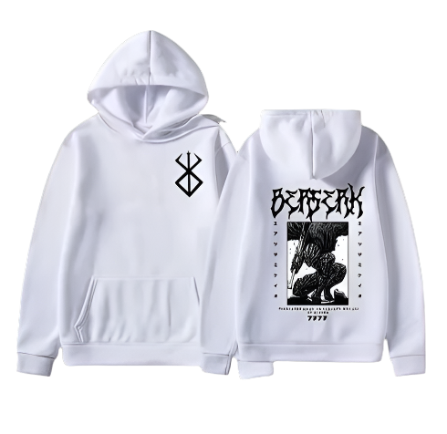 Berserk Hoodie in white with front and back design, durable gym apparel.