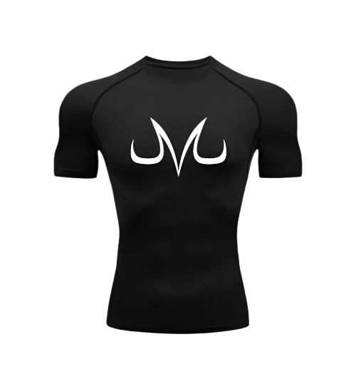 Majin Vegeta Compression Shirt with sweat-wicking technology and polyester/spandex fabric.