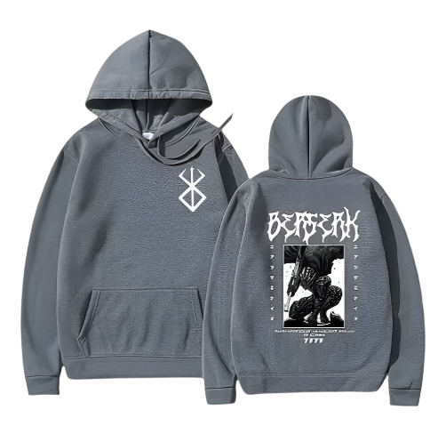 Berserk Hoodie in gray with graphic design, durable and comfortable for intense workouts.