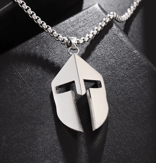 Stainless steel necklace with Spartan helmet pendant on a chain.