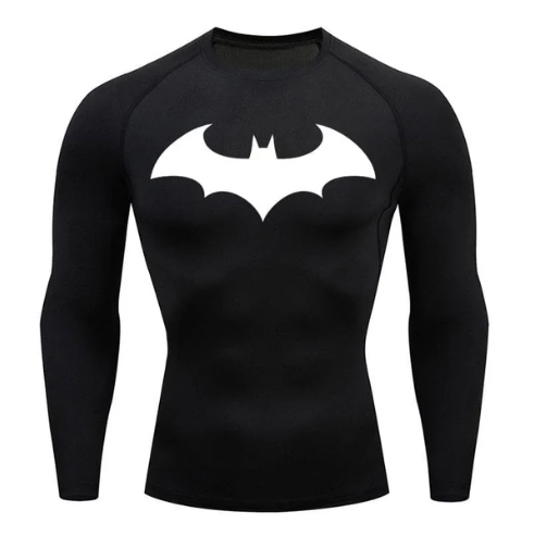 Arkham Detective long sleeve compression shirt with hero emblem, perfect for sports and muscle support.