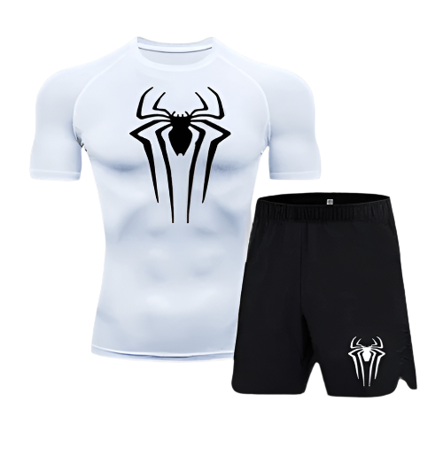 Spider short compression shirt set with polyester/spandex fabric and sweat-wicking technology.