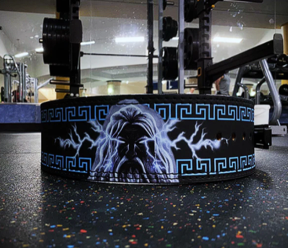 Premium Leather Heavy Duty Gym Belt - Zeus design in gym setting.