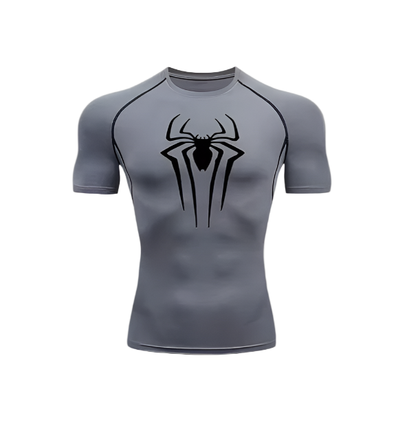 Spider Compression Shirt with sweat-wicking fabric and muscle-enhancing design.