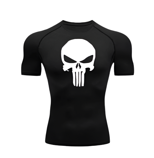 Punisher Short Compression shirt with skull logo, polyester/spandex fabric, black.