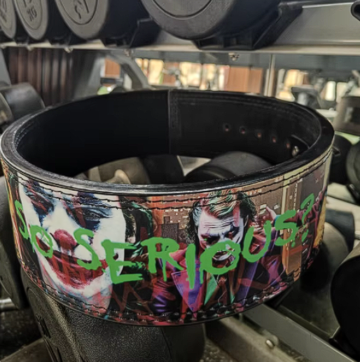 Joker Cowhide Powerlifting Belt with Joker design and lever buckle.