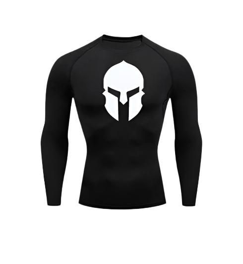 Sparta Long Compression Shirt, black with Spartan helmet design, polyester/spandex fabric, sweat-wicking technology.