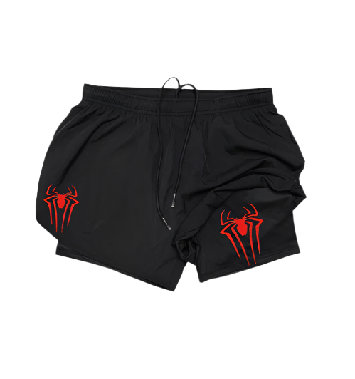 Spiderman Compression Shorts with red spider logo, polyester and spandex fabric.