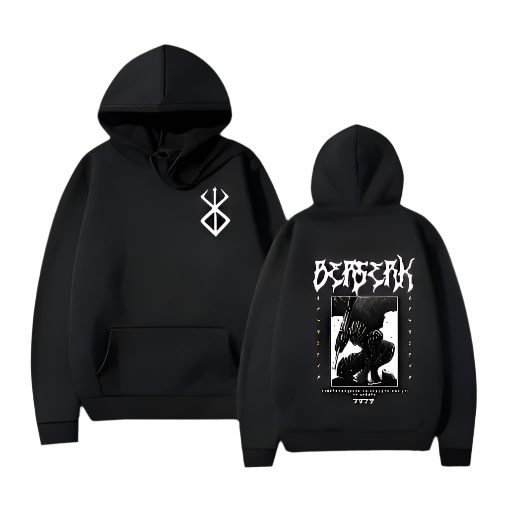 Berserk Hoodie for gym workouts, durable and comfortable fabric, black with graphic design.