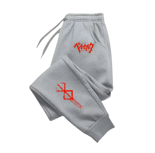 Gray Berserk sweatpants with red design accents, adjustable waistband, and deep pockets for gym or casual wear.