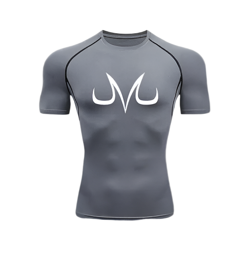 Majin Vegeta Compression Shirt with premium polyester/spandex fabric, sweat-wicking technology.