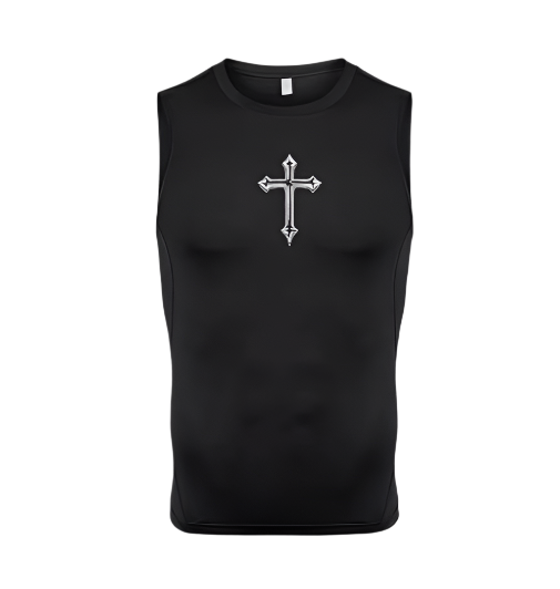 Cristian Compression Tank Top for muscle support and comfort, featuring sleek black design with cross detail.