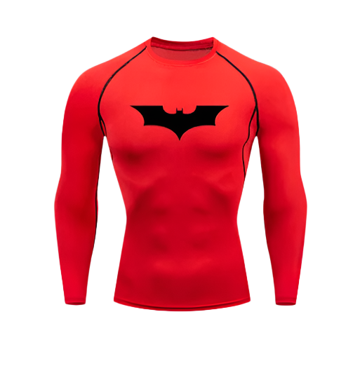 Bat Compression Shirt in red with black logo, long sleeve, sweat-wicking fabric.