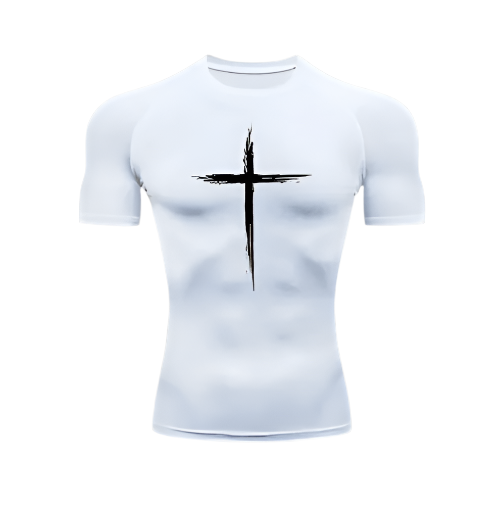 Christian Compression Shirt with cross design, made from sweat-wicking polyester/spandex fabric.