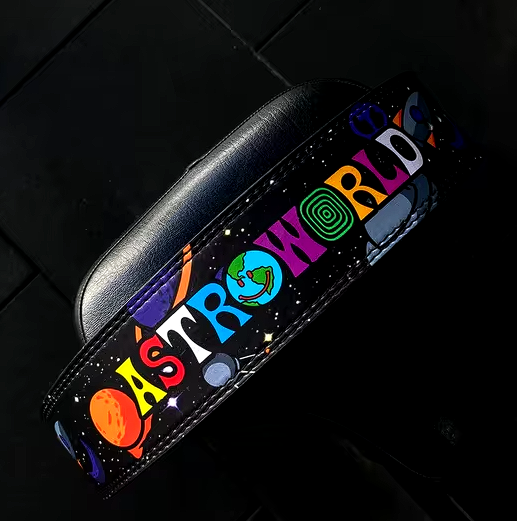 AstroWorld powerlifting belt with colorful AstroWorld design on premium leather.