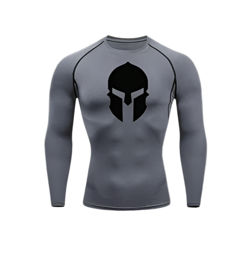 Sparta Long Compression Shirt in gray with Spartan helmet design, polyester/spandex, sweat-wicking technology.