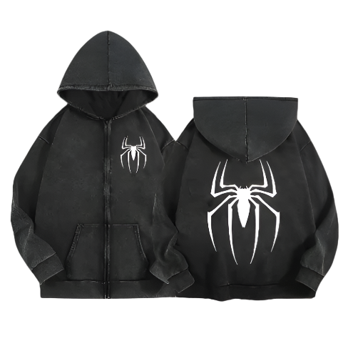 Spiderman 2002 zipper hoodie, lightweight gym wear, sweat-wicking fabric, slim fit, black with Spiderman logo.