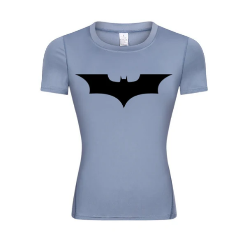 Dark Knight Woman's compression shirt with bat symbol, perfect for sportswear and muscle stabilization.