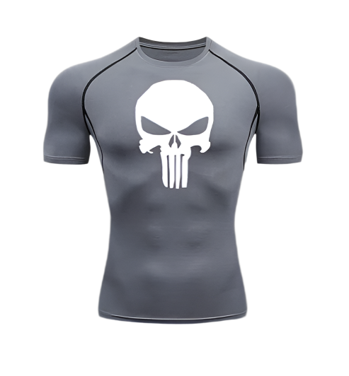 Punisher compression shirt in gray with skull logo, short sleeves.