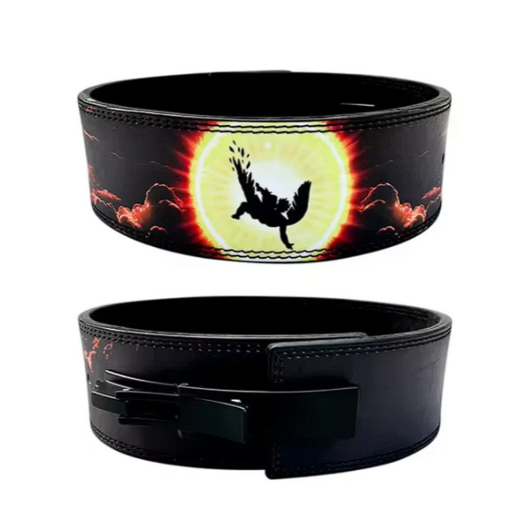 Powerlifting belt with leather and steel buckle, featuring Icarus design for ambition and support.