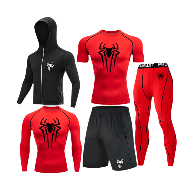 Spiderman compression clothing set red and black with spider logo.