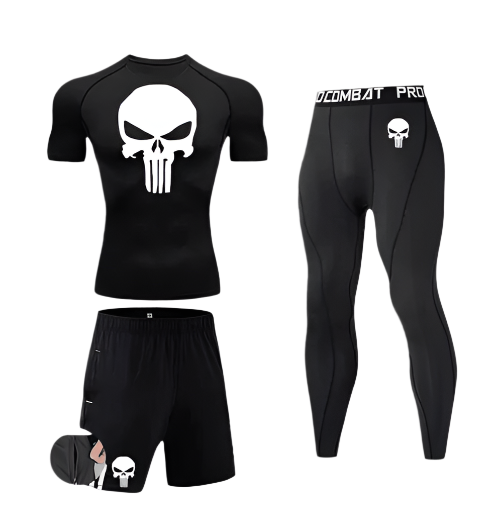 Punisher Short Compression set with skull logo, featuring sweat-wicking polyester/spandex fabric.