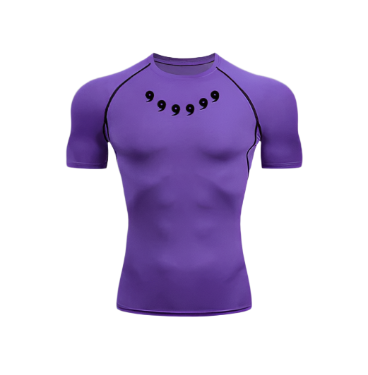 Naruto Compression Shirt Short in purple with tomoe design, made from polyester/spandex with sweat-wicking technology.